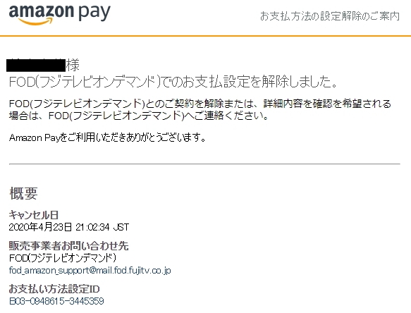 AmazonPay 解約確認のメール